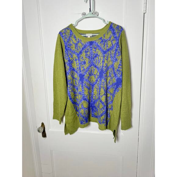 LOGO Lori Goldstein Green Blue Ornate Argyle Knit Side Slit Flowy Sweater XL - Picture 1 of 9